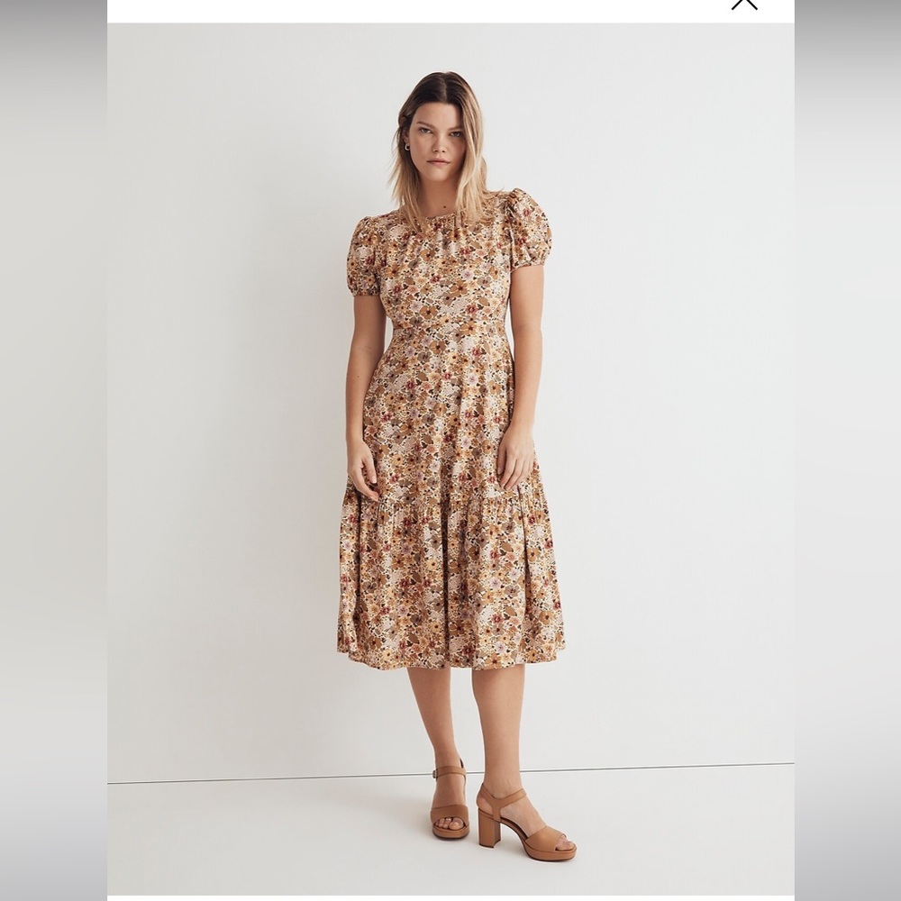 Madewell Puff-Sleeve Open-Back Midi Dress in Flora Field fall dress